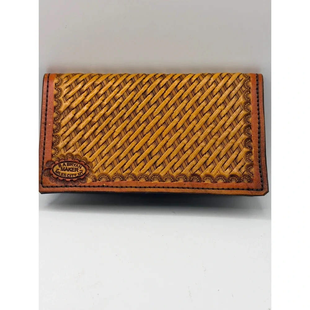 Brand New Hand Tooled Leather Checkbook Cover/ Wallet basket weave floral